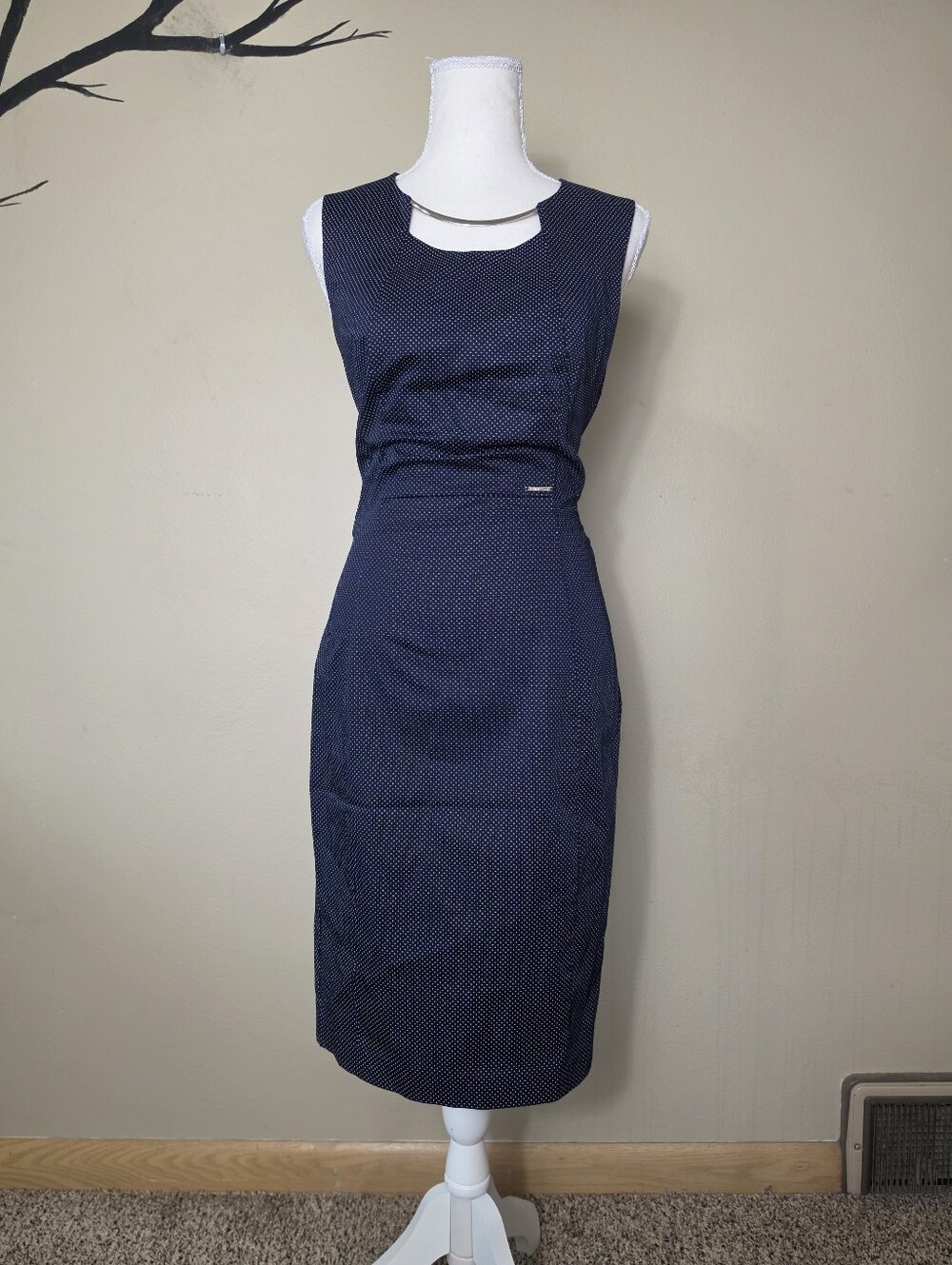 Orsay Navy Polka Dot Sheath Dress | Size 34 US 4 | Gold Neckline Career Dress